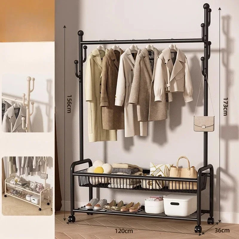 Perchero de pie metálico color crema con ruedas para ropa, sombreros, bolsos, organizador para dormitorio, entrada, pasillo, muebles para el hogar