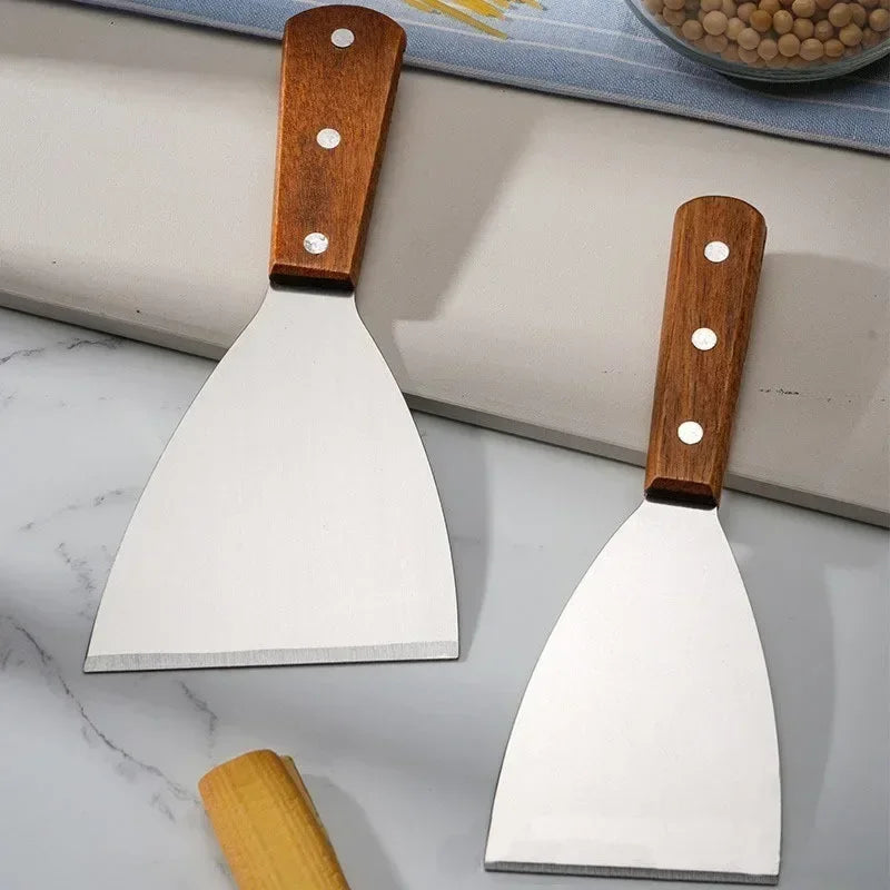 Espátula Oblicua de Acero Inoxidable con Mango de Madera para Carne, Hamburguesas, Panqueques, Pizza, Raspador, Pala, Utensilios de Cocina para Barbacoa