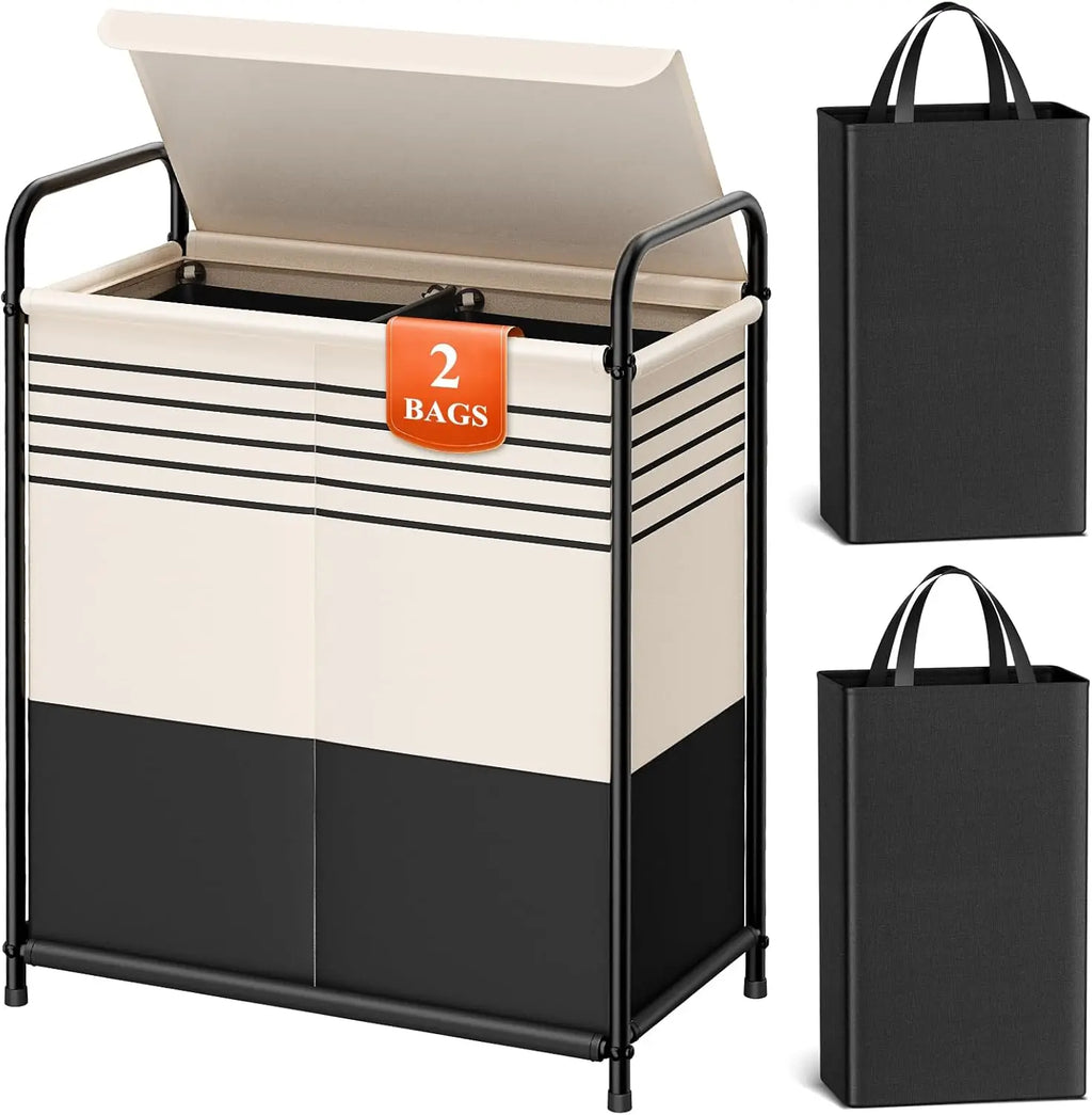 Cesto de ropa sucia con doble sección, tapa y bolsas extraíbles, cesta portátil de 120 L para dormitorio, baño, universidad