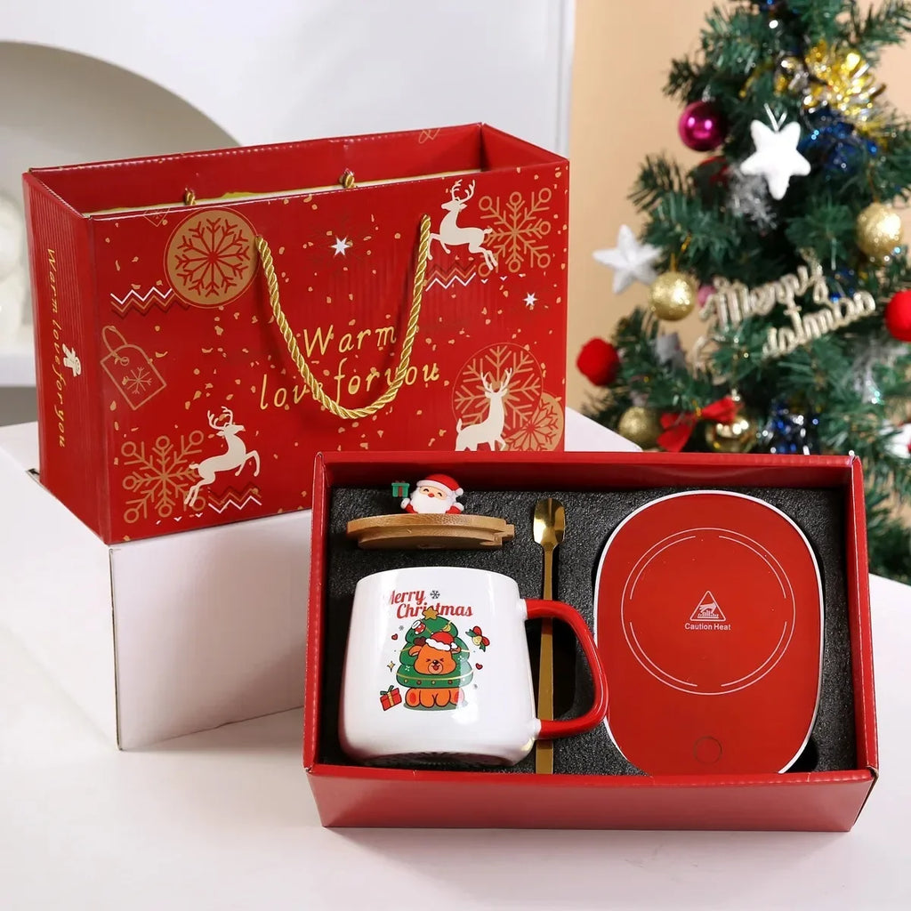 Juego de regalo de Navidad y Año Nuevo: taza con termostato de 55 ℃, taza de cerámica de muñeco de nieve con tapa y cuchara, tazas de café para el hogar o la oficina