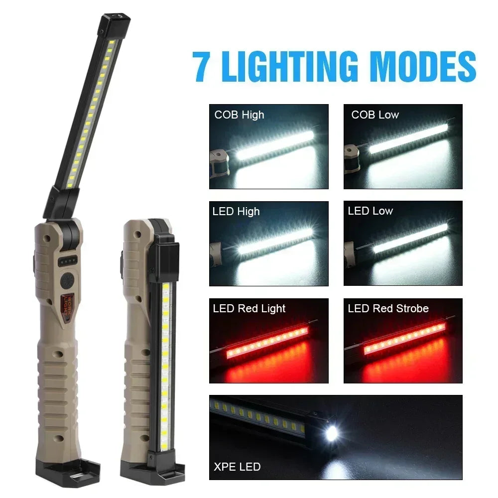 Linterna de trabajo LED COB XPE plegable con batería incorporada, lámpara de mano, antorcha de inspección para coche de emergencia, luz estroboscópica SOS roja
