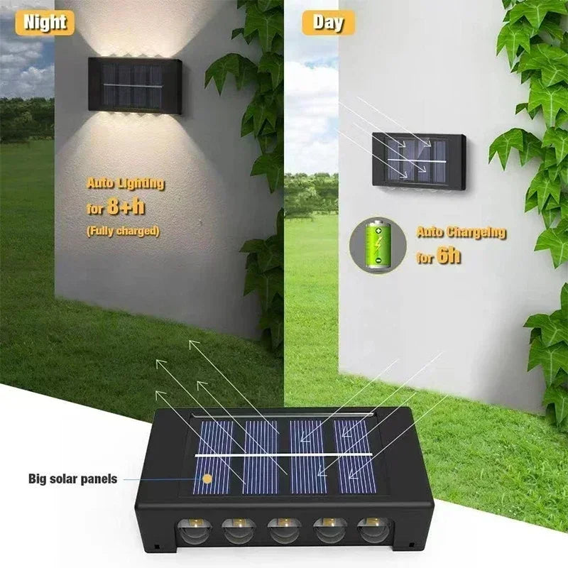 Luces solares de pared para exterior cálidas/blancas, lámpara solar de pared para porche con iluminación superior e inferior para jardín, calle, paisaje, balcón, patio