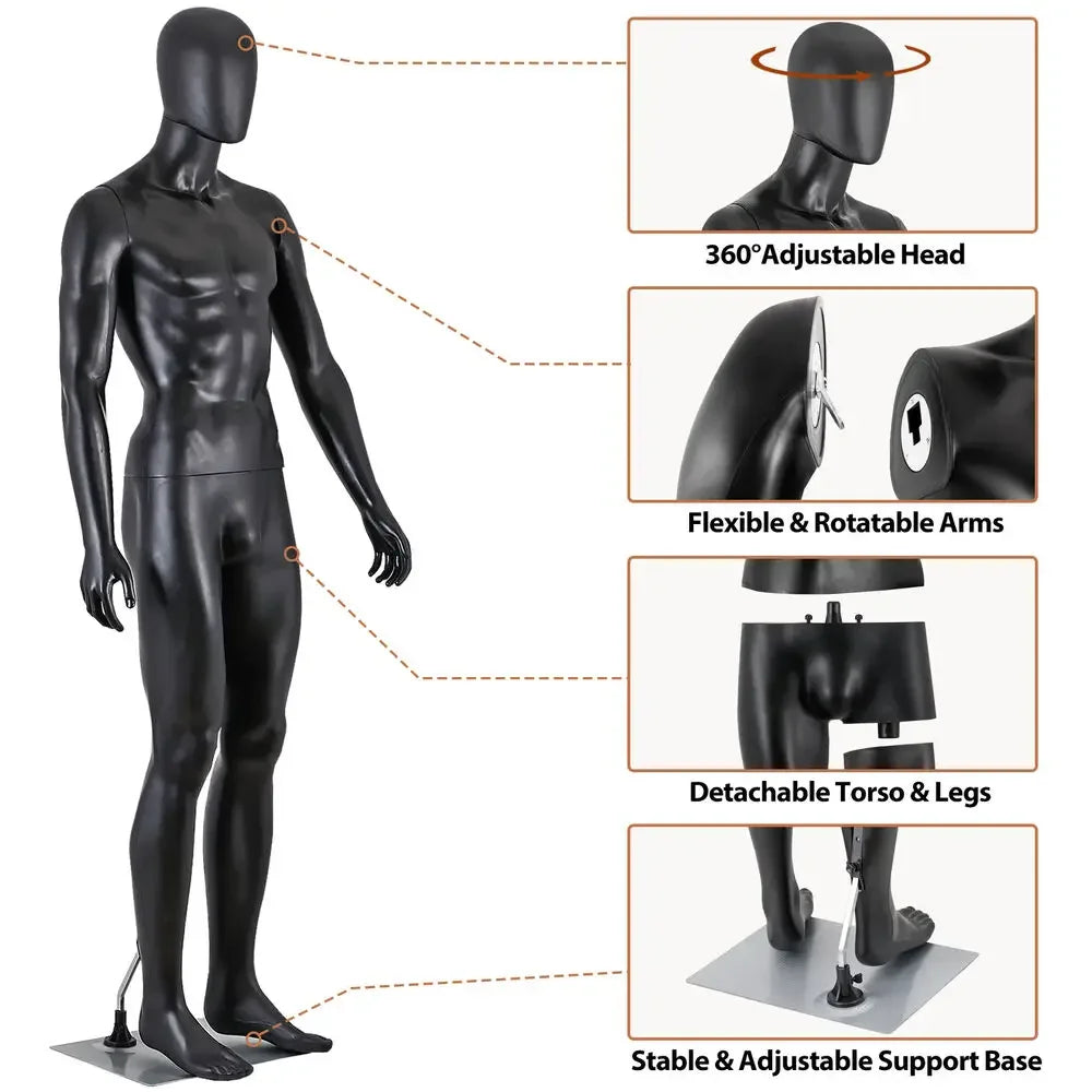 Maniquí de hombre de cuerpo entero, altura 73'', ajustable, para exhibición, color negro