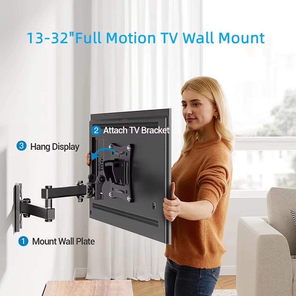 Soporte de pared para TV de movimiento completo con brazos articulados, giro, inclinación, extensión y rotación para la mayoría de televisores planos y curvos de 10 a 32 pulgadas