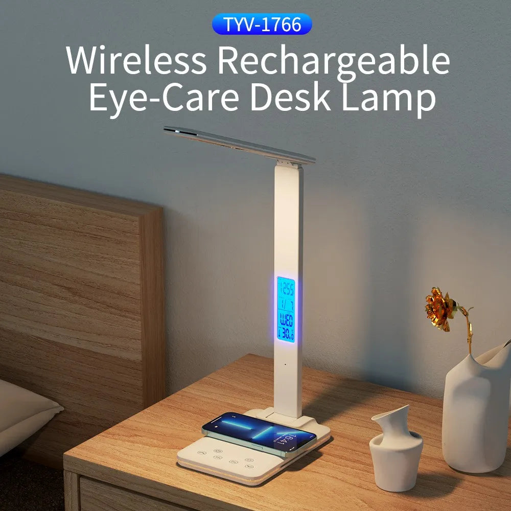 Lámpara de Escritorio Plegable para Leer con Enchufe USB, Lámpara de Escritorio de 15W con Carga Inalámbrica para Teléfono Móvil, con Temporizador, Luz de Protección Ocular para Dormitorio y Oficina