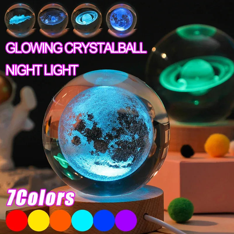 Lámpara de bola de cristal 3D única con proyecciones de galaxias y planetas, luz nocturna USB, RGB, 7 colores, regulable, luces de ambiente, regalo