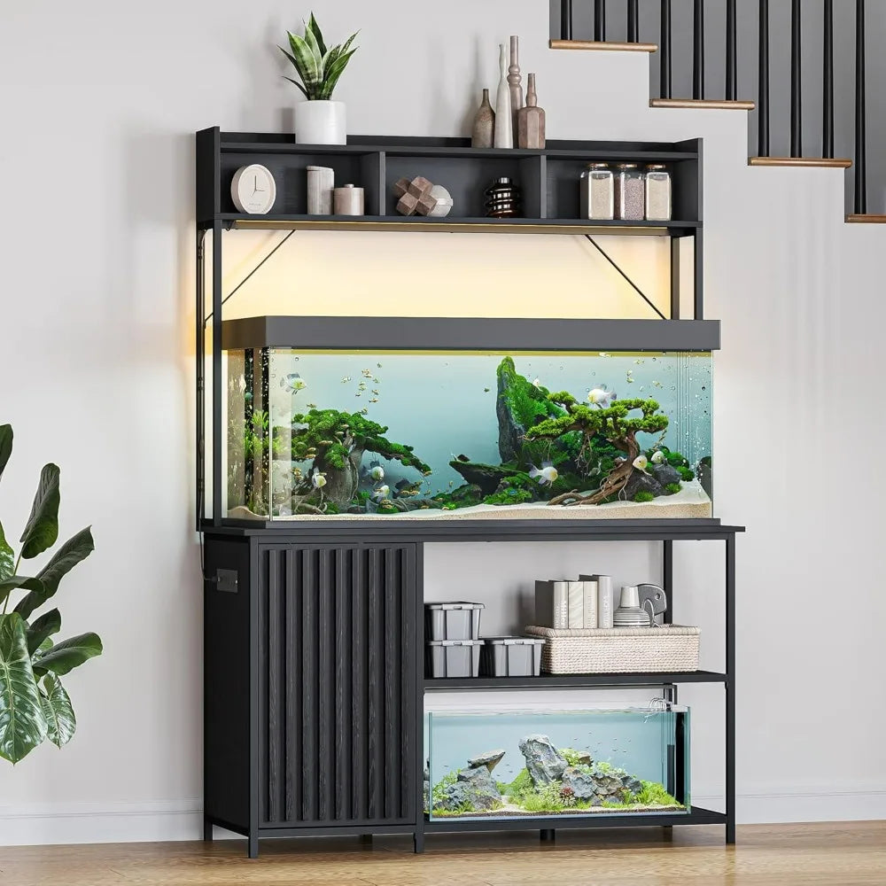 Mueble de 208-340 litros para acuario con luces LED, gabinete estriado para guardar accesorios de pecera, metal de alta resistencia y tomas de corriente