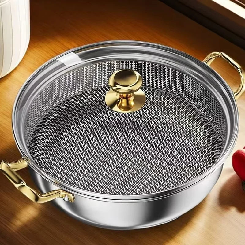 30cm Acero Inoxidable Sartén Antiadherente Olla para Sopa Wok con Tapa Cocina Doméstica Inducción Panal de Abeja Olla de Gas Estofado Utensilios de Cocina