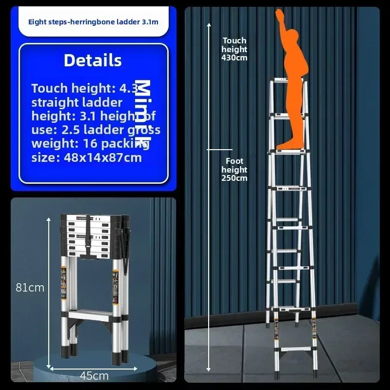 Escalera telescópica de acero inoxidable engrosada, escalera recta plegable tipo espiga, escalera portátil para el hogar