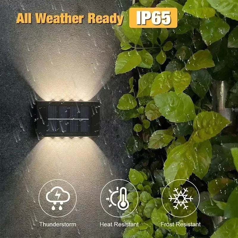 Luces solares de pared para exterior cálidas/blancas, lámpara solar de pared para porche con iluminación superior e inferior para jardín, calle, paisaje, balcón, patio