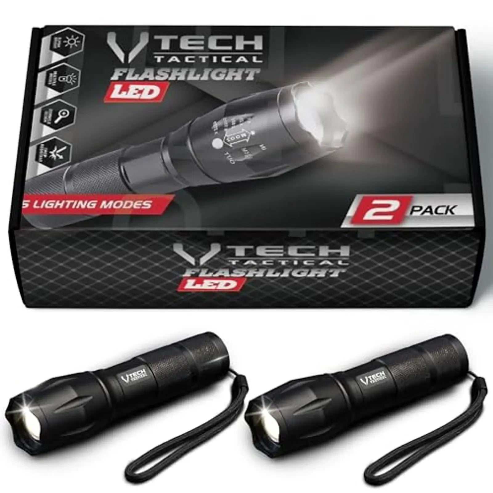 Linternas Tácticas LED Paquete de 2, Alto Lúmen, 5 Modos, Linterna Impermeable para Caza, Camping, Regalos al Aire Libre