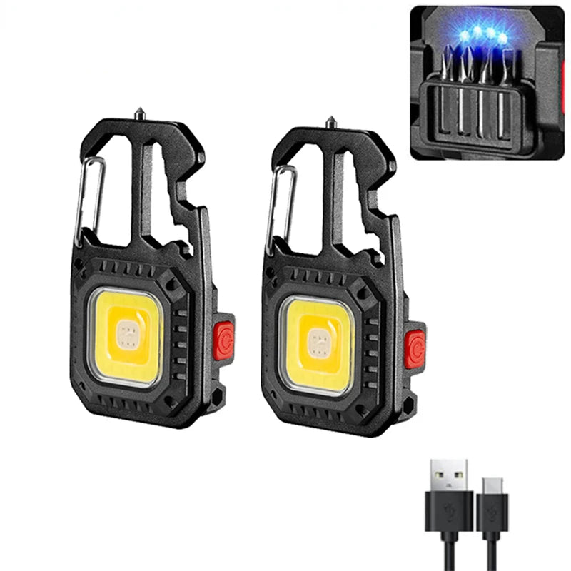Linterna de trabajo portátil Mini LED tipo llavero Linterna de bolsillo recargable por USB Lámpara de camping al aire libre con martillo rompeventanas abridor de botellas