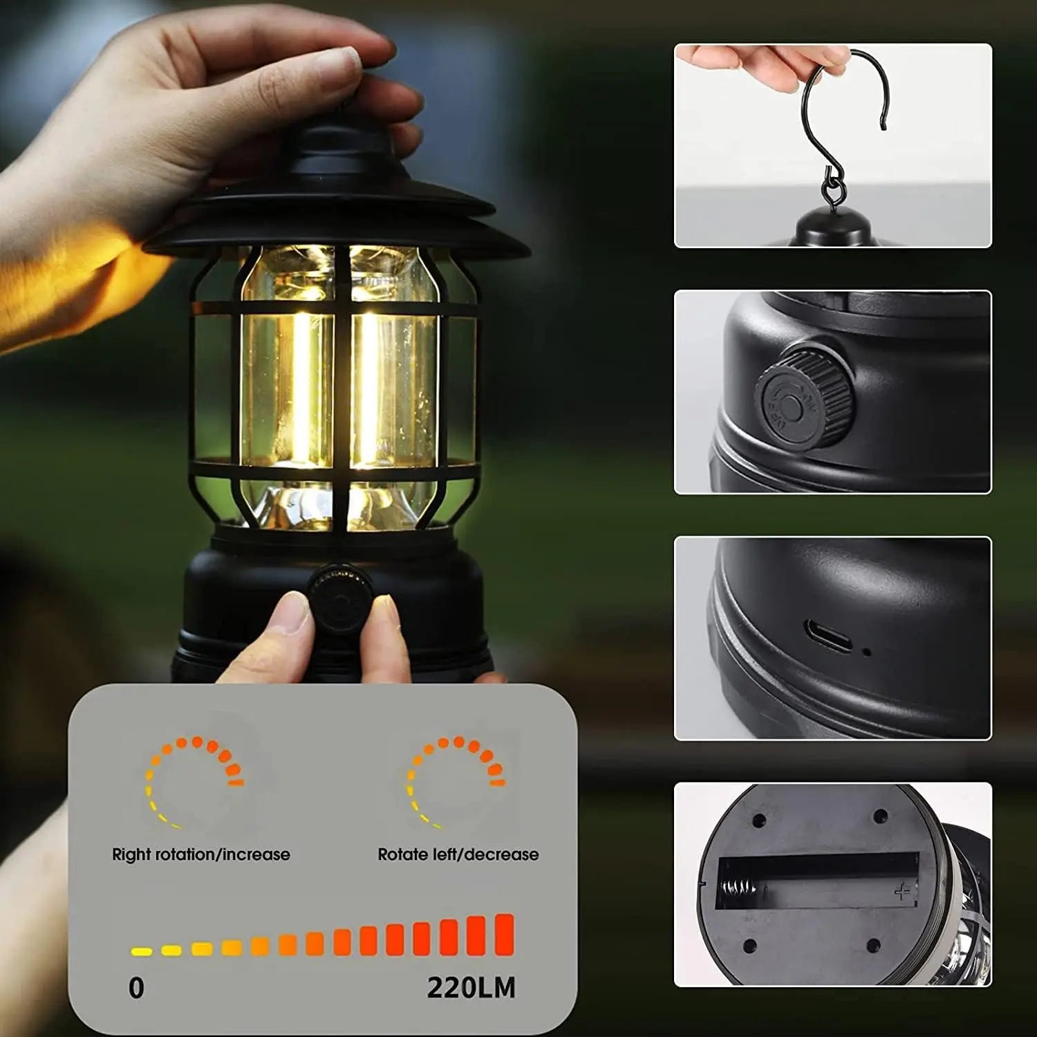 Paquete de 2 farolillos de camping recargables por USB, alimentados por batería, luz retro para camping, resistente al agua, lámpara LED colgante para tienda de campaña para senderismo y pesca