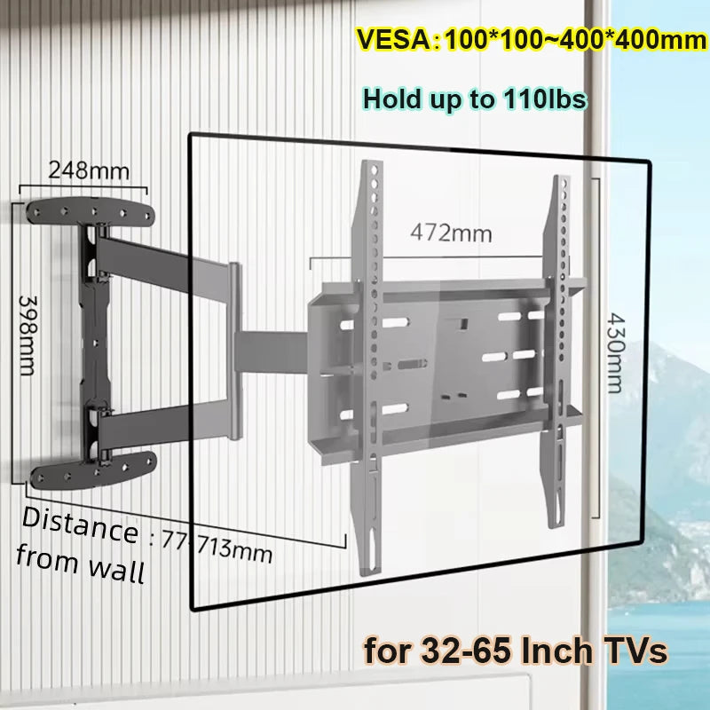 Soporte de pared para TV de brazo largo extensible de 70 cm, soporte de pared para TV de movimiento completo de 32 a 65 pulgadas con giro, inclinación y nivelación, VESA máximo de 400x400 mm