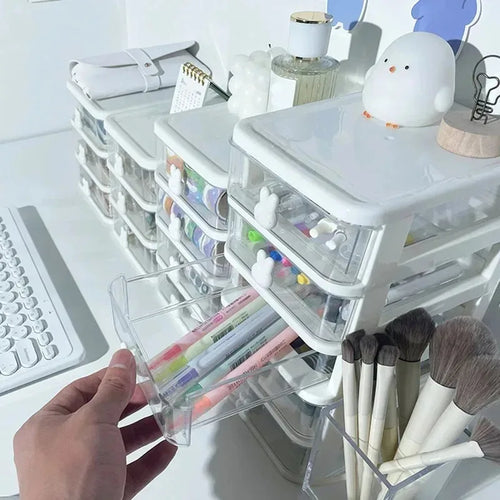 2-5 Layers Clear Stacking Drawer Organizer Multi-Tier PP Storage Box Cartoon for Office/Beauty Products, Modular Desktop System