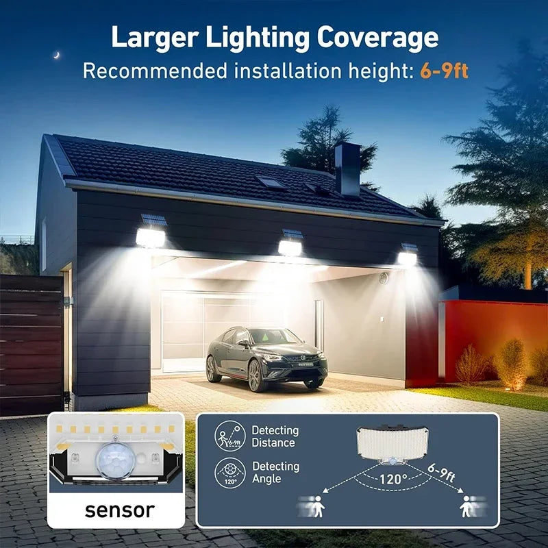 Luz solar exterior superbrillante con sensor de movimiento, lámpara LED de pared para jardín con energía solar fuerte, IP65 resistente al agua, 3 modos de trabajo