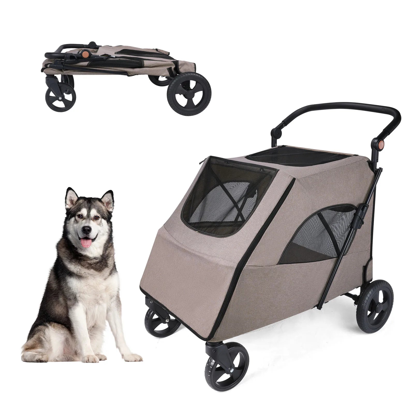 Cochecito para mascotas grandes, hasta 30 kg, manillar ajustable, silla de paseo plegable para perros, almacenamiento XXL, cochecito doble para gatos