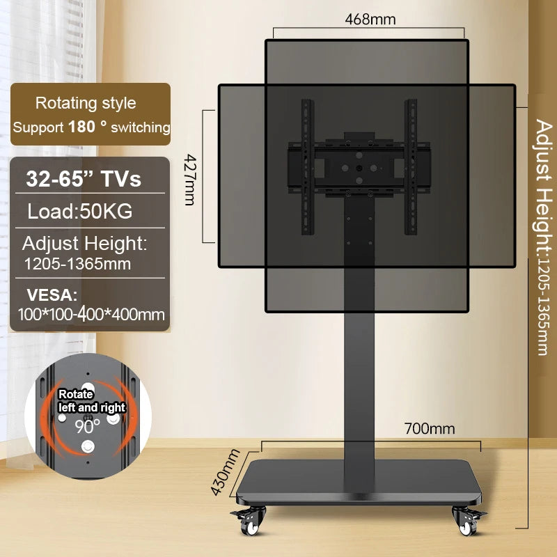 Mueble de TV de pie con toma de corriente, soporte de TV universal para televisores de 26 a 65 pulgadas de hasta 110 libras, soporte de TV ajustable en altura con giro