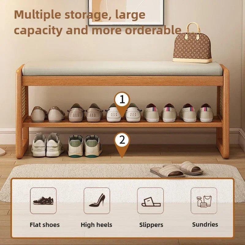 Taburete para cambiarse los zapatos de tela Teng, para puerta de entrada, puerta del hogar, almacenamiento multicapa, madera maciza, se puede sentar en el taburete para zapatos