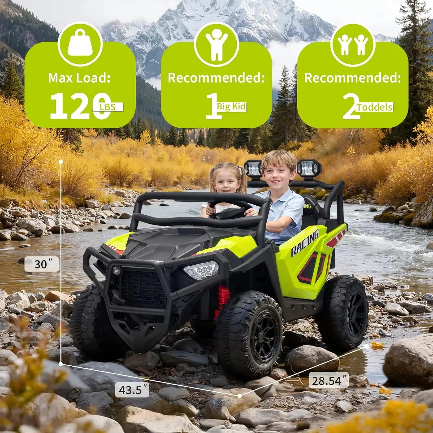 Coche Eléctrico UTV de 24V con 2 Plazas y Control Remoto, Suspensión en 4 Ruedas, Arranque Suave, 3 Velocidades, Luces LED, Bluetooth, 3-8 Años