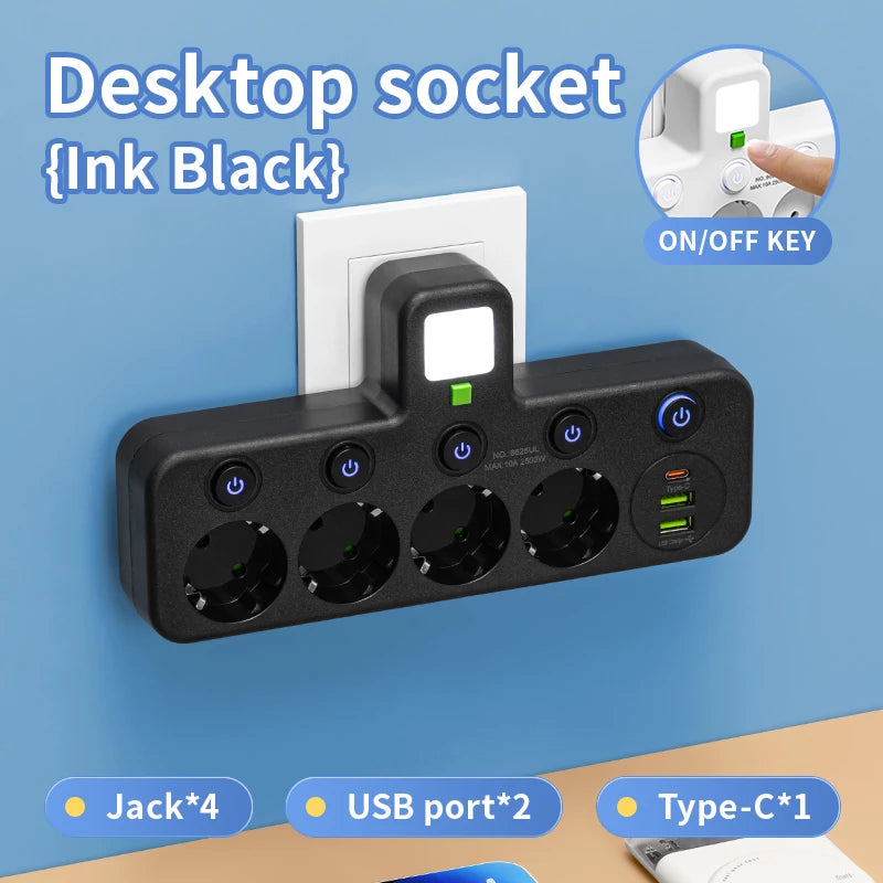 EU Plug AC Outlet Power Strip Multiprise Wall Socket Universal Network Filter USB Cherger Separate Switch Light Adapter