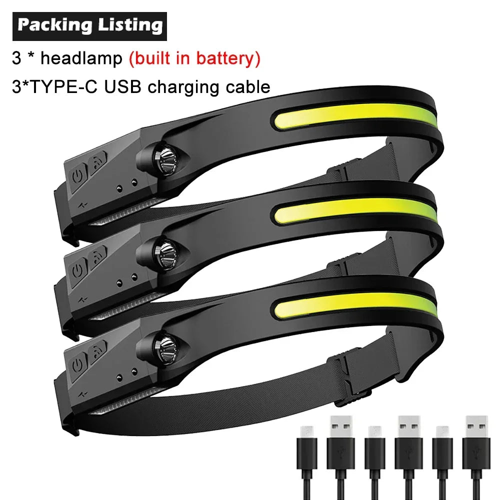 Induction Headlamps COB LED Sensor Head Lamp Built-in Battery Flashlight USB Rechargeable Head Torch 5 Lighting Modes Headlight