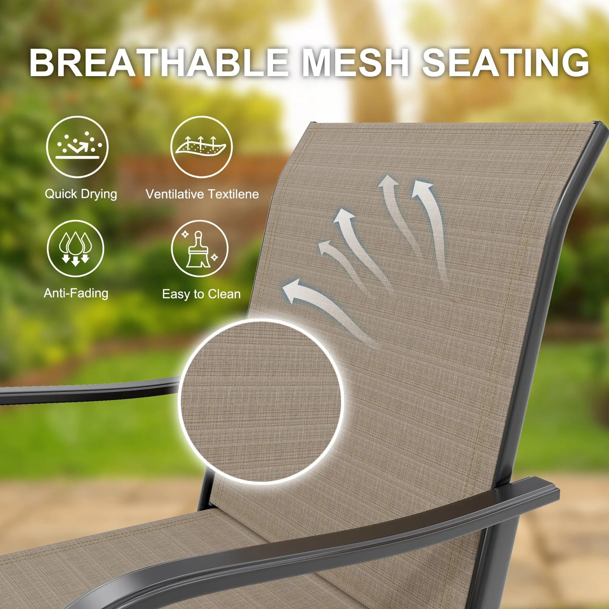 Juego de 2 taburetes de bar giratorios para todo tipo de clima, sillas de exterior de altura de encimera con rotación de 360° con respaldo alto y apoyabrazos para patio