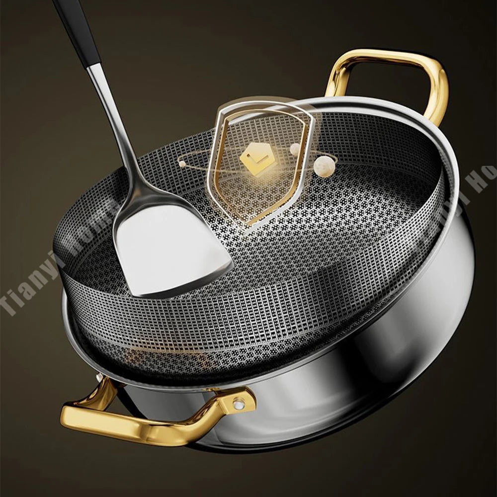 30cm Acero Inoxidable Sartén Antiadherente Olla para Sopa Wok con Tapa Cocina Doméstica Inducción Panal de Abeja Olla de Gas Estofado Utensilios de Cocina