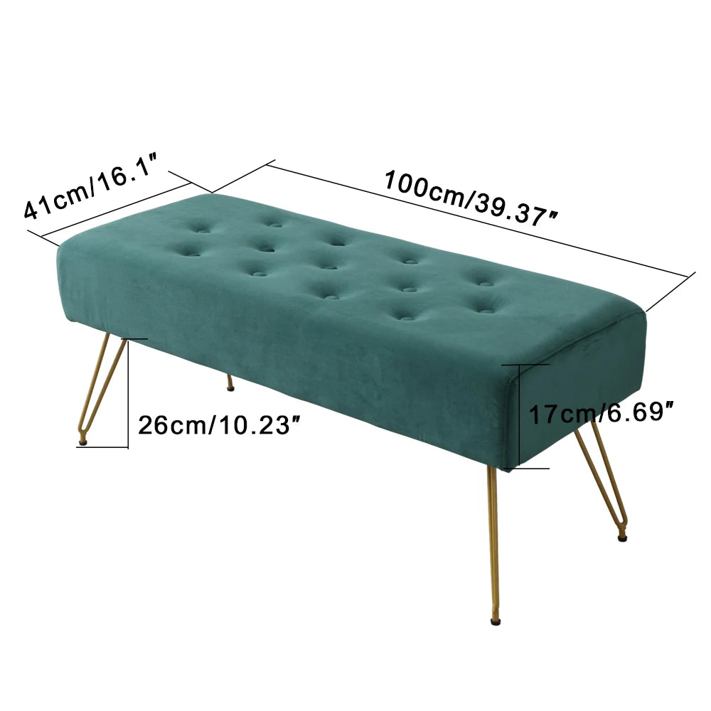 Moderno banco de entrada de terciopelo capitoné - Banco largo tapizado para zapatos con patas de metal dorado para pasillo, dormitorio, pie de cama
