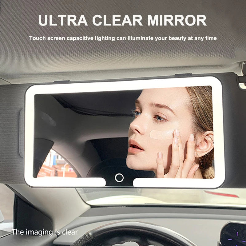 Espejo de maquillaje LED HD para coche, visera solar, espejo interior de coche para niñas y mujeres, luz de relleno recargable, espejo de tocador delgado universal