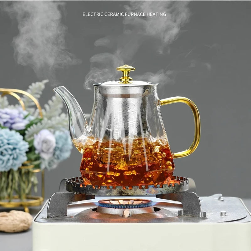JUSTINLAU Tetera de vidrio resistente al calor, borosilicato transparente, teteras con infusor de acero inoxidable extraíble, juego de utensilios para té