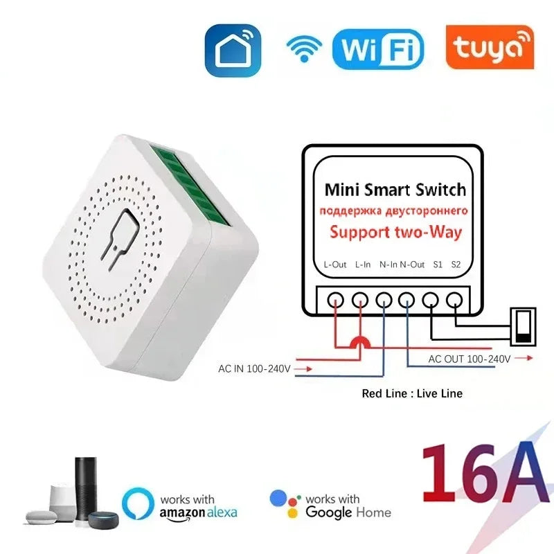 Módulo de interruptor inteligente WiFi Tuya 16A, control bidireccional, mini interruptor, disyuntor, Smart Life, funciona con Alexa Google Alice