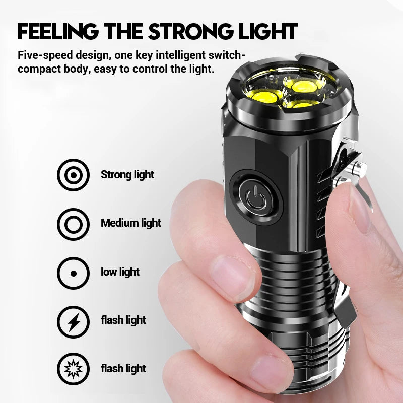 Mini linterna superbrillante de 3 LED con clip para bolígrafo e imán en la parte trasera, batería integrada, carga USB, antorcha portátil para exteriores, lámpara de emergencia