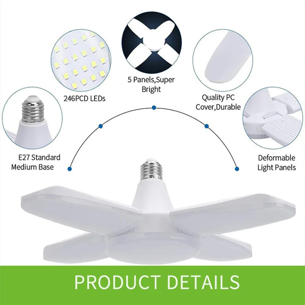 Bombilla LED con forma de abanico E27 Lámpara LED plegable 220V 110V 40 LED Bombillas para lámpara de techo del hogar Almacén Garaje Luz Blanca Cálida
