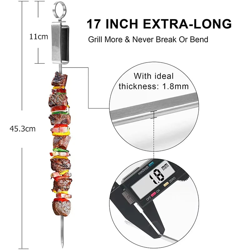 6 pinchos para kebab para parrilla, brochetas planas de acero inoxidable con mango metálico deslizante de liberación rápida YY085