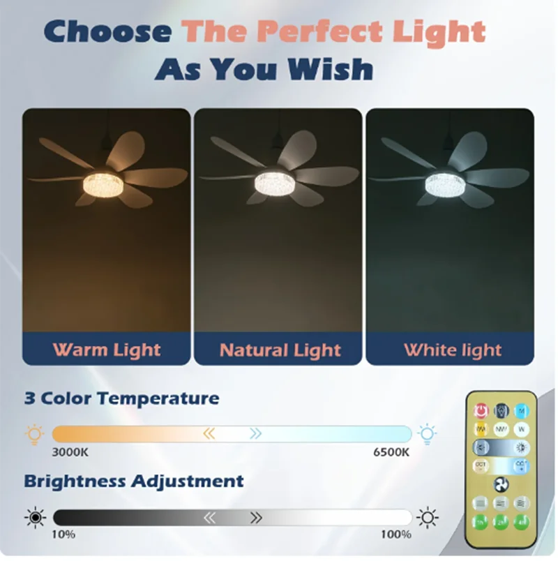 Pequeño Ventilador de Techo con Luz Tipo Tornillo E27 con Control Remoto para Sala de Estar Dormitorio 40W LED Lámparas de Ventilador Cocina Decoración del Hogar