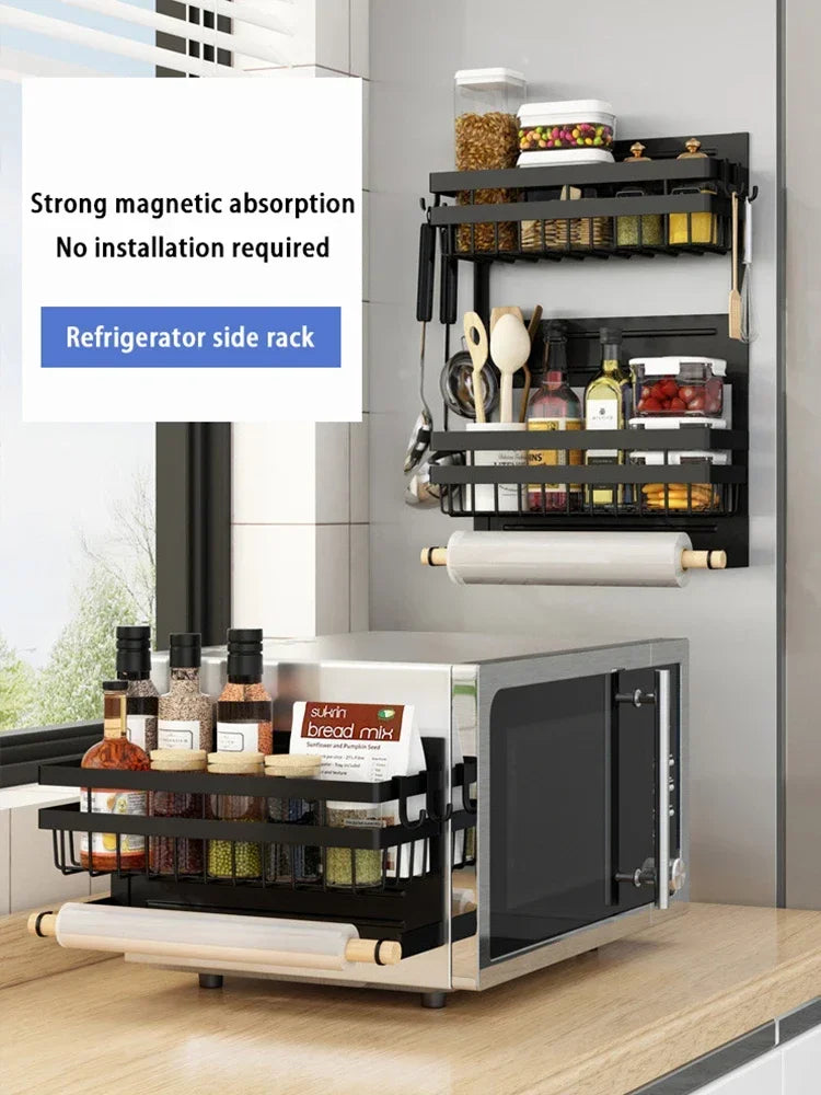 Estante magnético para nevera, tubo de papel de cocina, soporte para film transparente, estante para especias, estante de almacenamiento en el lateral del refrigerador