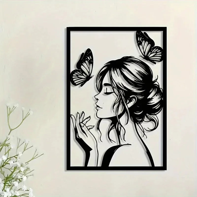 Arte de Pared de Metal con Mujer y Mariposa – Elegante Decoración Enmarcada para Habitación, Patio, Terraza, Regalo Perfecto para Ella
