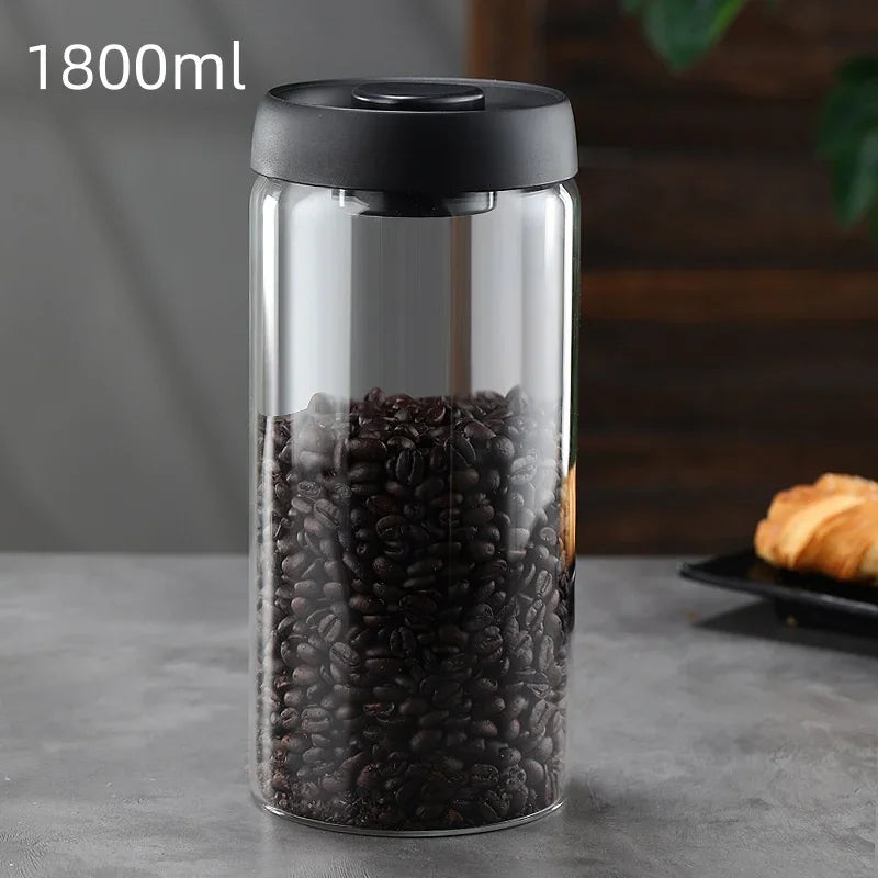 Cafetera de Tapa Negra de Múltiple Capacidad, Jarra de Almacenamiento Manual al Vacío a Prueba de Humedad, Tetera de Vidrio para Cocina, Bote Sellado para Granos de Café