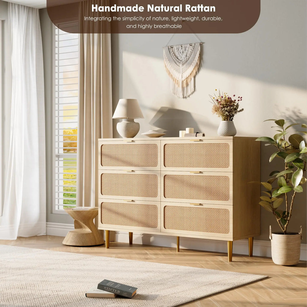 Cómoda de ratán de 6 cajones, cómoda de almacenamiento grande de ratán natural tejido a mano y madera con cajones profundos para dormitorio o sala de estar