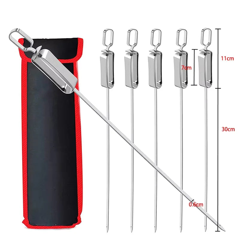 6 pinchos para kebab para parrilla, brochetas planas de acero inoxidable con mango metálico deslizante de liberación rápida YY085