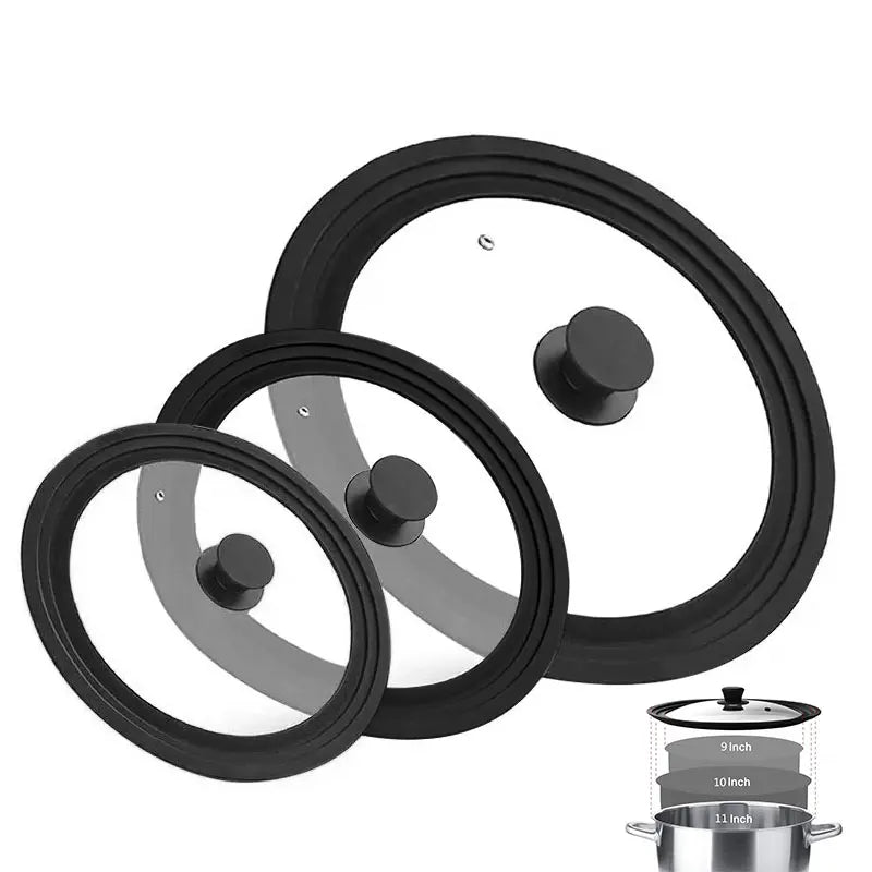 Tapa universal multi-tamaño para ollas, sartenes y utensilios de cocina. Tapa de vidrio templado para sartenes con borde de silicona. Tapa de repuesto para sartén.