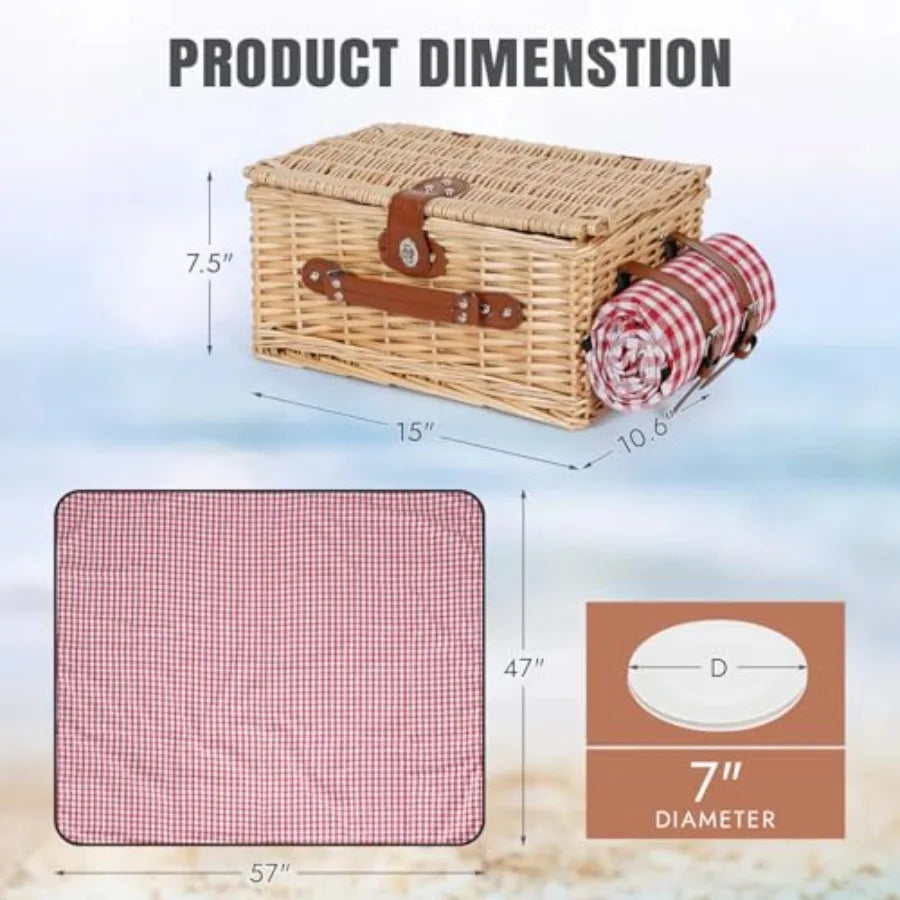 Cesta de picnic para 2 personas - Cesta de picnic de mimbre con manta impermeable y forro térmico, cesta grande de sauce hecha a mano con cu