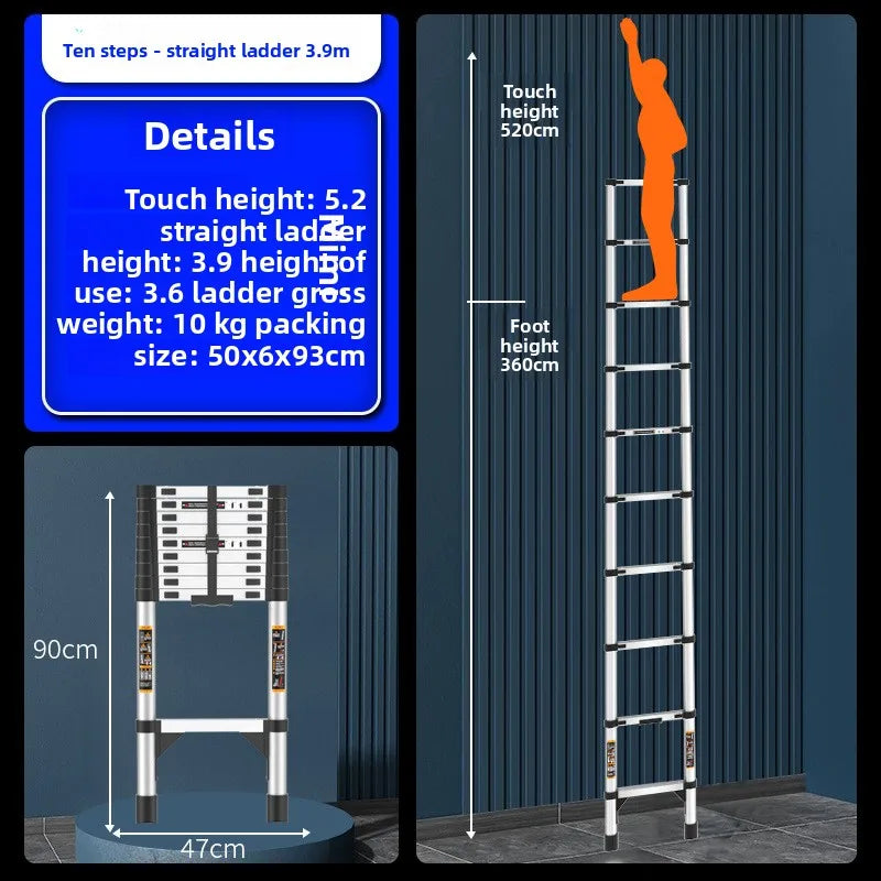 Escalera telescópica de acero inoxidable engrosada, escalera recta plegable tipo espiga, escalera portátil para el hogar