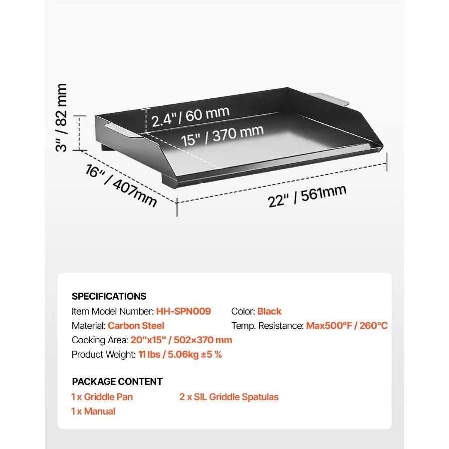 Plancha de Acero al Carbono de 22x16 pulgadas, Placa Rectangular Universal de Superficie Plana, Plancha para Parrilla de Gas, Teppanyaki Portátil Familiar