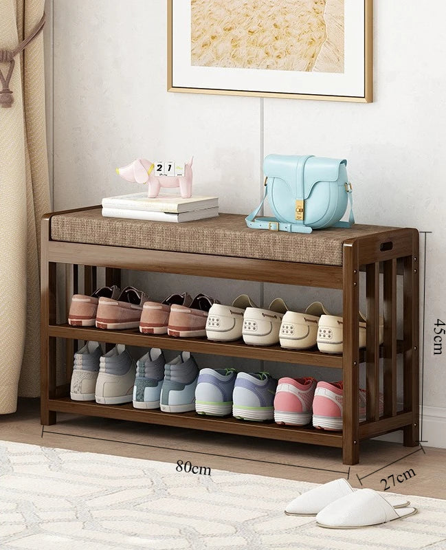 Taburete para cambio de zapatos, banco de entrada para el hogar, taburete de zapatos de madera maciza, zapatero de almacenamiento, banco simple, taburete de sofá con bolsa blanda