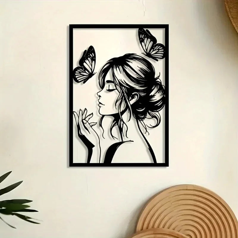 Arte de Pared de Metal con Mujer y Mariposa – Elegante Decoración Enmarcada para Habitación, Patio, Terraza, Regalo Perfecto para Ella