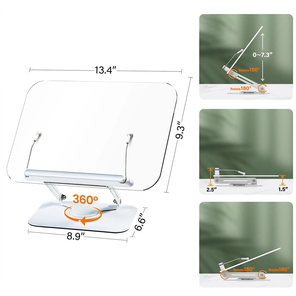 Nuevo soporte para libros de lectura, atril ajustable con base giratoria 360°, clips elásticos para páginas, soporte elevador de escritorio plegable