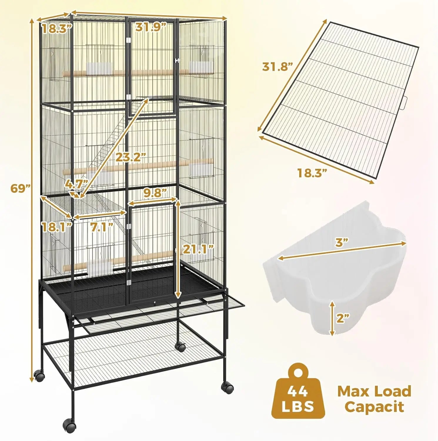 Jaula grande extra para pájaros de 69 pulgadas con ruedas para loros y cacatúas, jaula voladera con estante de almacenamiento, comederos y perchas de madera