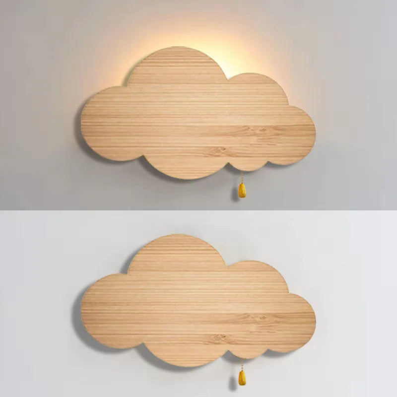 Lámpara de pared de nube con vetas de madera e interruptor regulador de intensidad LED, luz de pared para habitación infantil, guardería, dormitorio, lámparas de pared junto a la cama